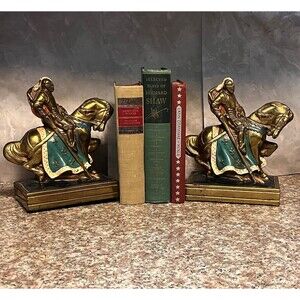 Marion Bronze Clad Knight Bookends Jousting War Horse Sword Crusader Antique Art